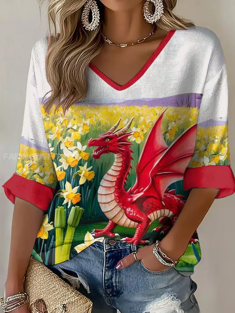 Women’s Wales Welsh Rugby Lover Printed Waffle T-shirt