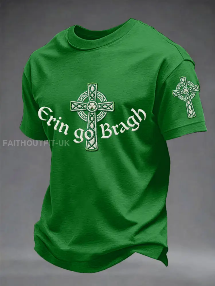 Men’s Erin Go Bragh Celtic Knot Shamrock Cross Print Casual Tee