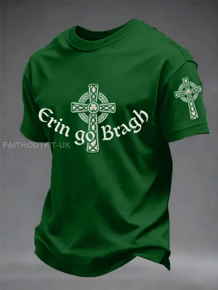 Men’s Erin Go Bragh Celtic Knot Shamrock Cross Print Casual Tee