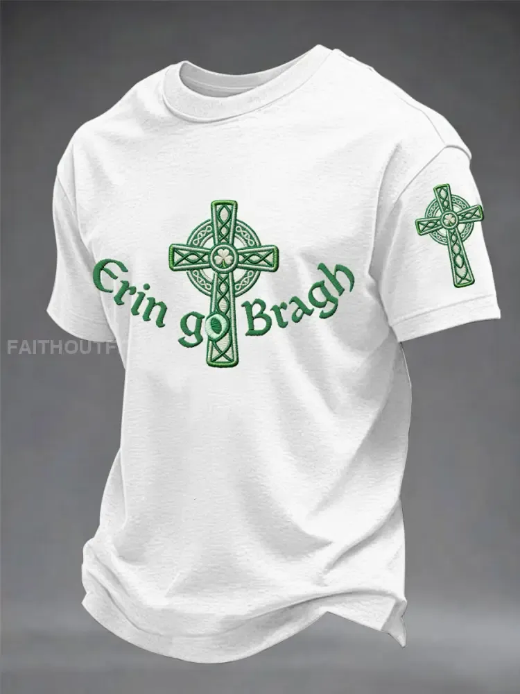 Men’s Erin Go Bragh Celtic Knot Shamrock Cross Print Casual Tee