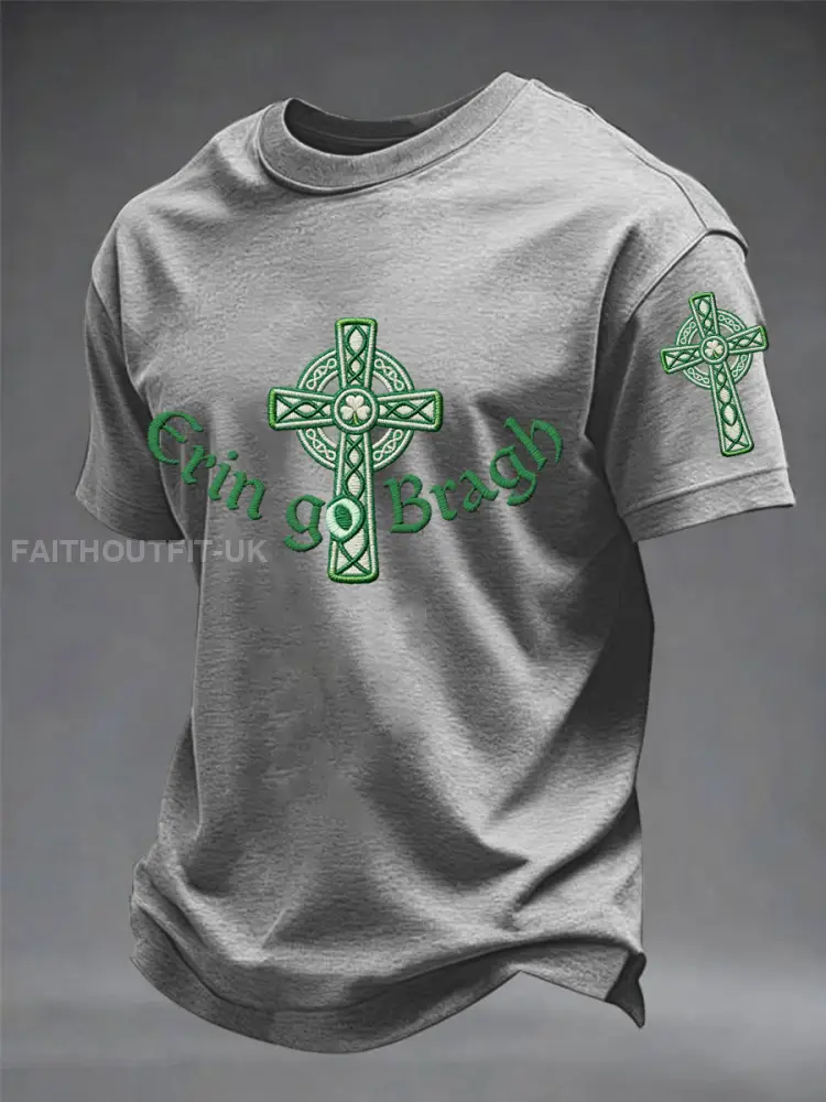 Men’s Erin Go Bragh Celtic Knot Shamrock Cross Print Casual Tee