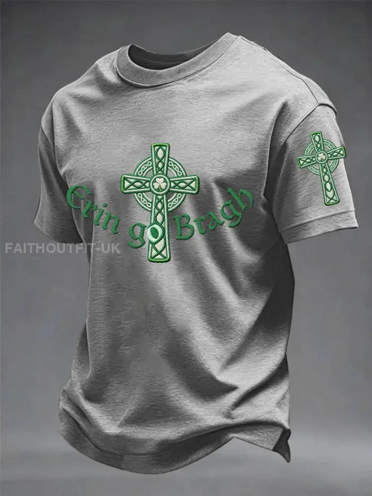 Men’s Erin Go Bragh Celtic Knot Shamrock Cross Print Casual Tee
