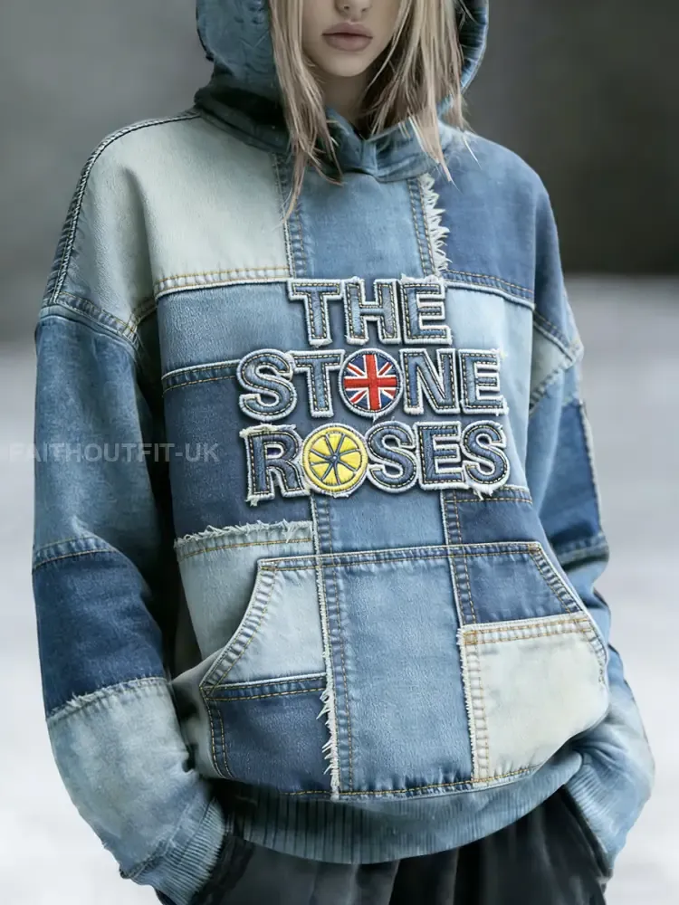 Women’s British The Stone Rose Denim Patchwork Print Vintage Hooded Sweatshirt