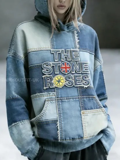 Women’s British The Stone Rose Denim Patchwork Print Vintage Hooded Sweatshirt