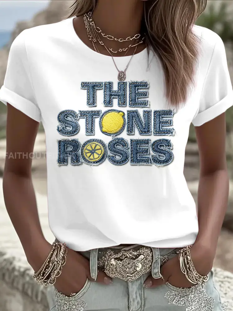 Women’s The Stone Rose Denim Print Casual White T-Shirt