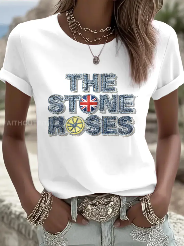 Women’s British The Stone Rose Denim Print Casual White T-Shirt