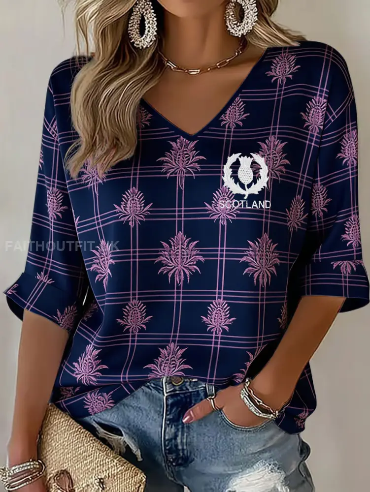 Women’s Scotland Rugby Lover Printed V-Neck T-Shirt