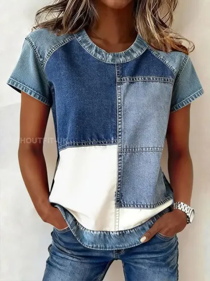Women’s Simple Denim Patchwork Top
