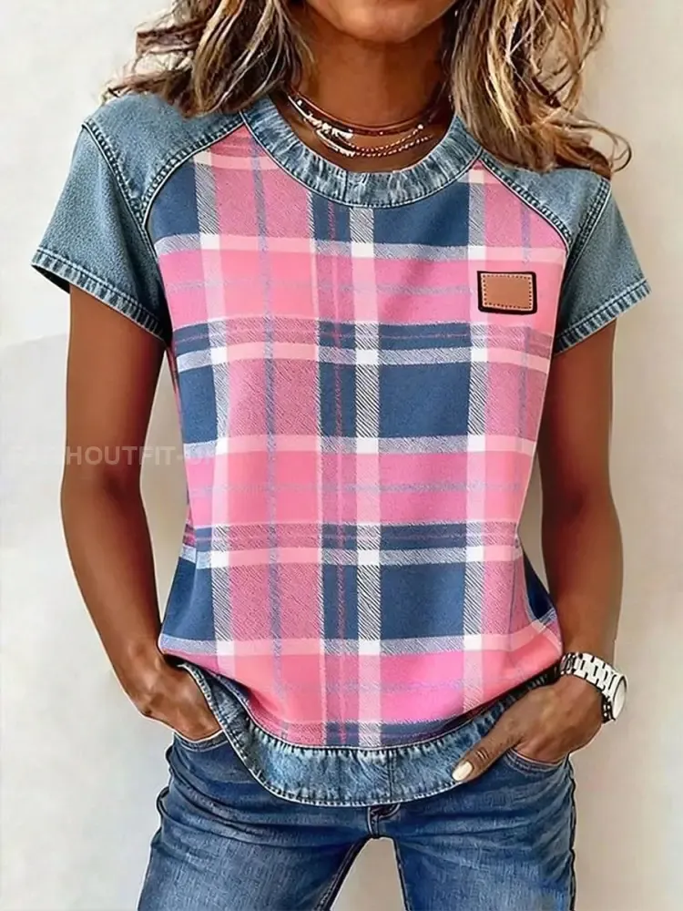 Women’s Plaid Print Denim Patchwork Top