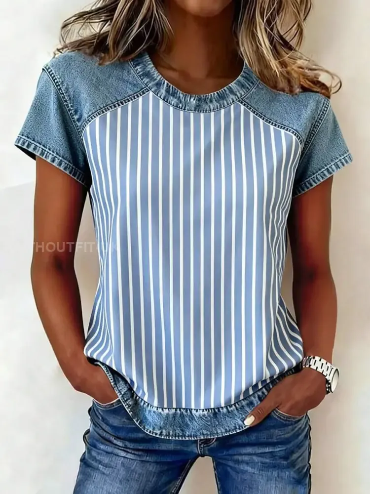 Women’s Striped Print Denim Patchwork Top