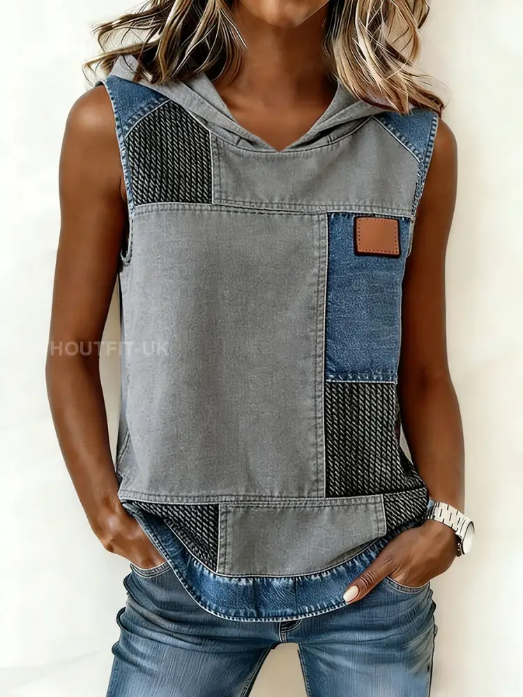 Women’s Simple Denim Patchwork Hooded Top