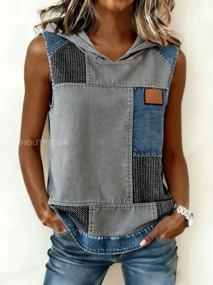 Women’s Simple Denim Patchwork Hooded Top