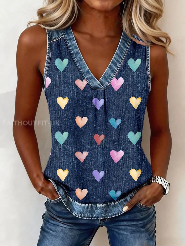 Women’s Colorful Heart Pattern Denim Patchwork V-Neck Top