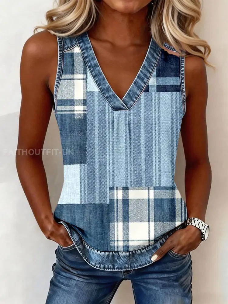 Women’s Denim Patchwork V-Neck Top