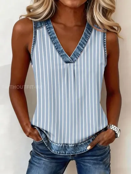 Women’s Blue Striped Print Denim Patchwork V-Neck Top