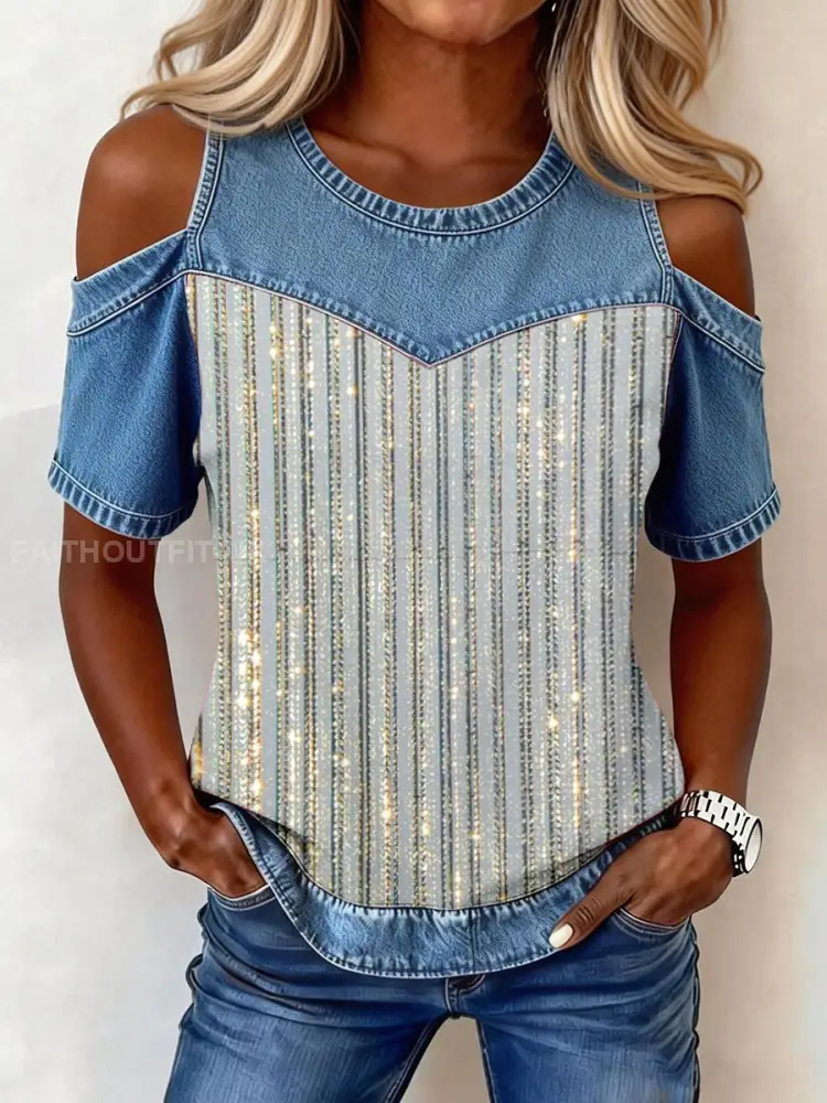 Women’s Shiny Striped Pattern Denim Patchwork Top
