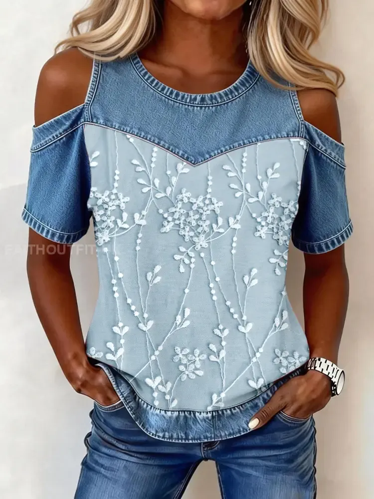 Women’s Elegant Floral Pattern Denim Patchwork Top