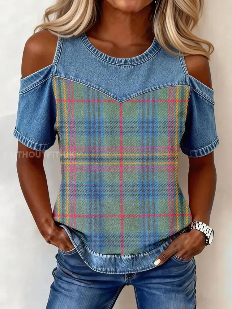 Women’s Vintage Plaid Pattern Denim Patchwork Top