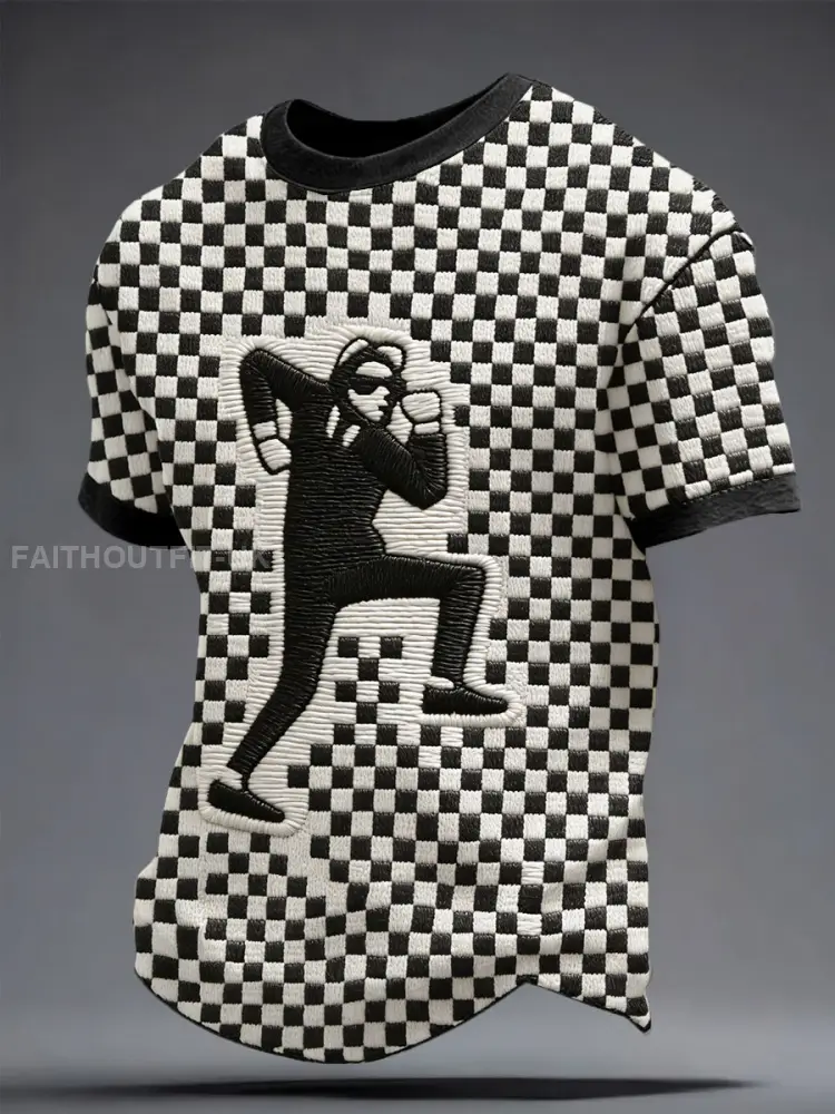 Men’s 2 Rude Music Lover Checkerboard Printed T-shirt