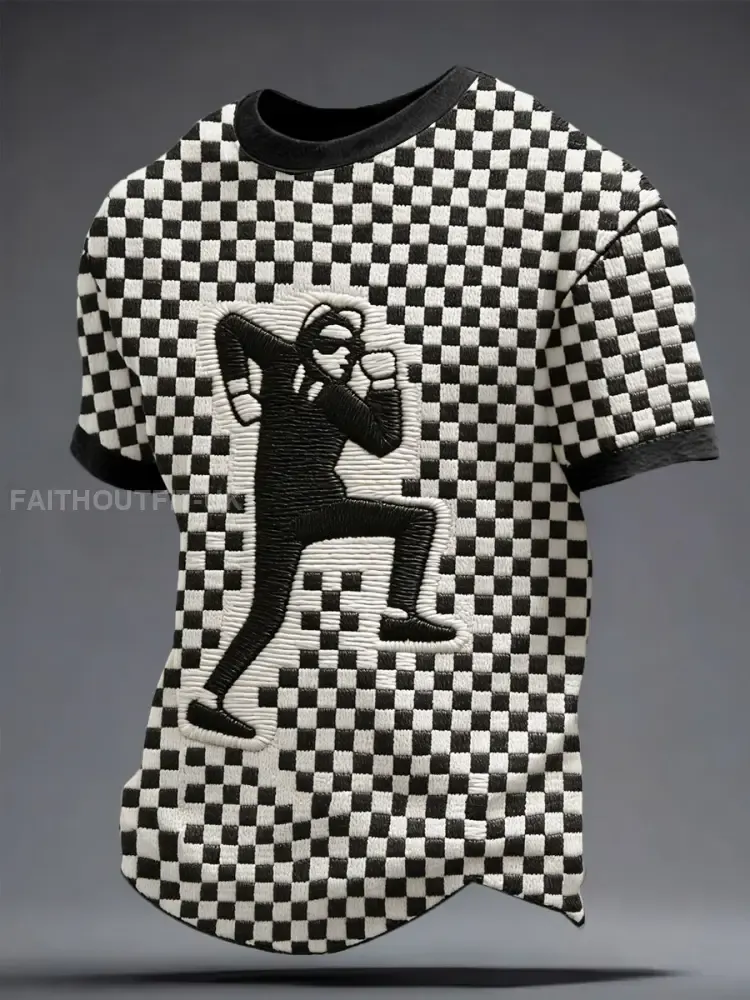 Men’s 2 Rude Music Lover Checkerboard Printed T-shirt
