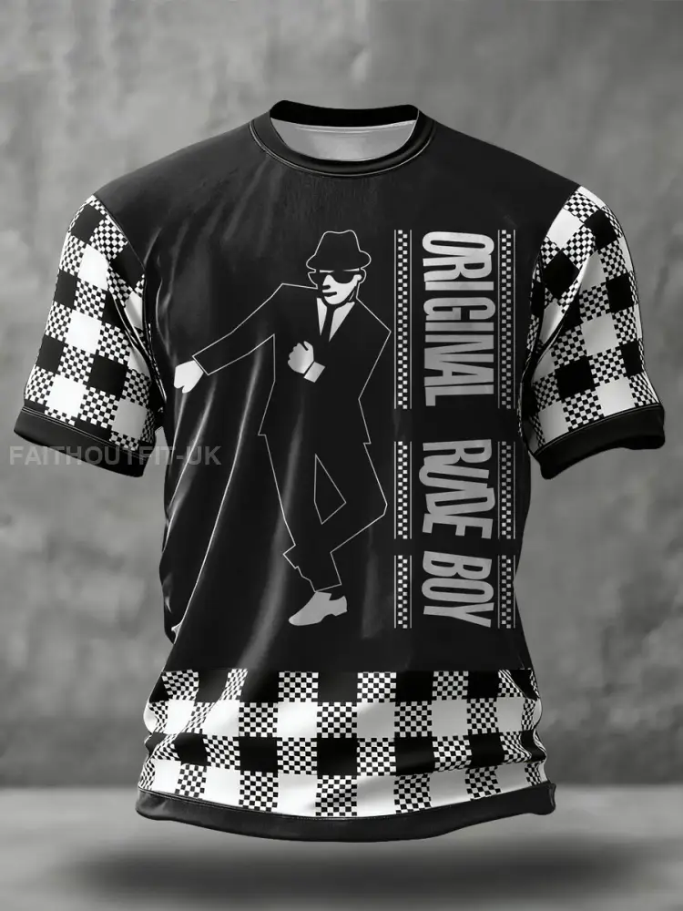Men’s 2 Rude Music Lover Checkerboard Printed T-shirt