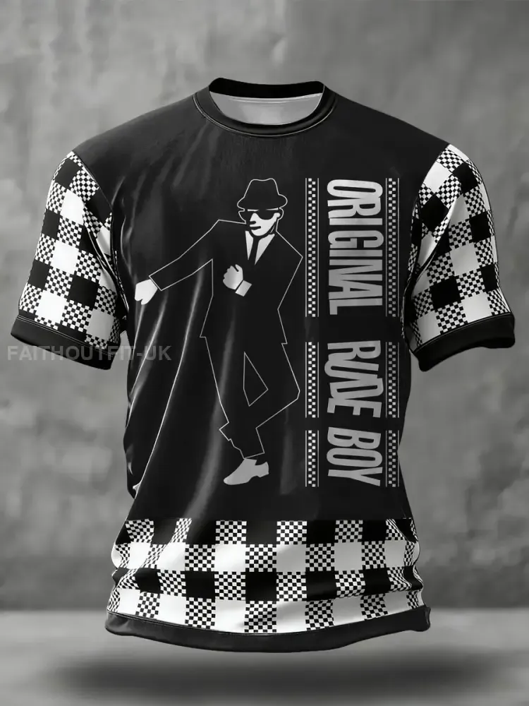 Men’s 2 Rude Music Lover Checkerboard Printed T-shirt