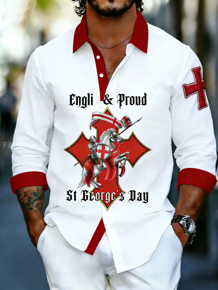 Men’s Retro St George’s Day Casual Long-Sleeve Shirt