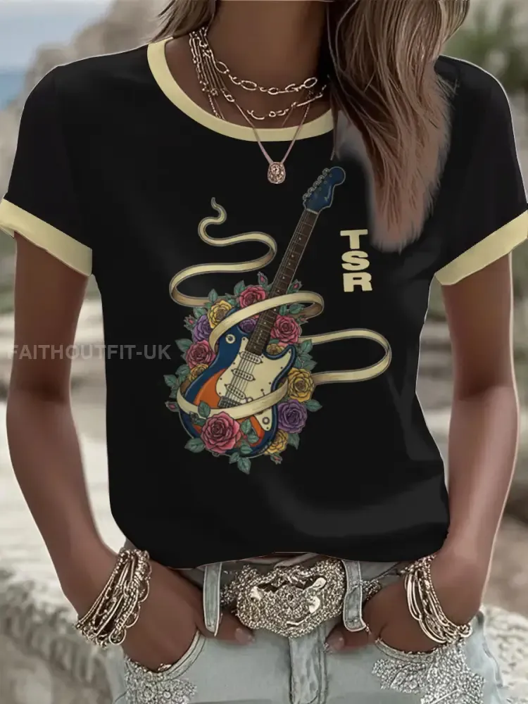 Women’s Lemon Roses Music Lover Printed short-sleeved T-shirt