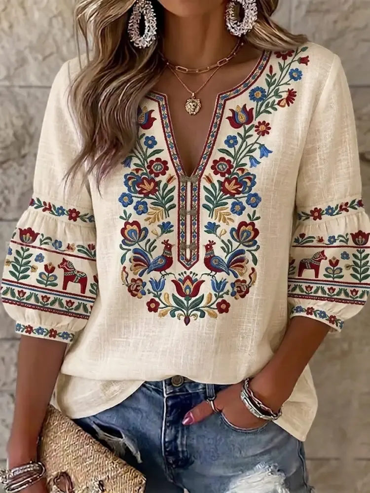 Women’s Retro Swedish Midsummer Folk Floral Cotton-Linen Blouse