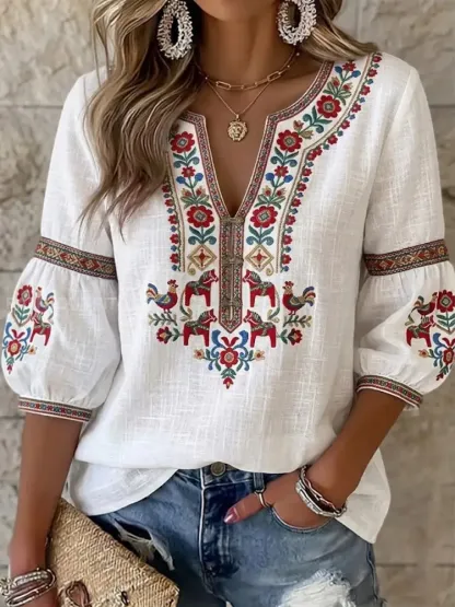 Women’s Vintage-Style Swedish Midsummer-Inspired Cotton-Linen Blouse