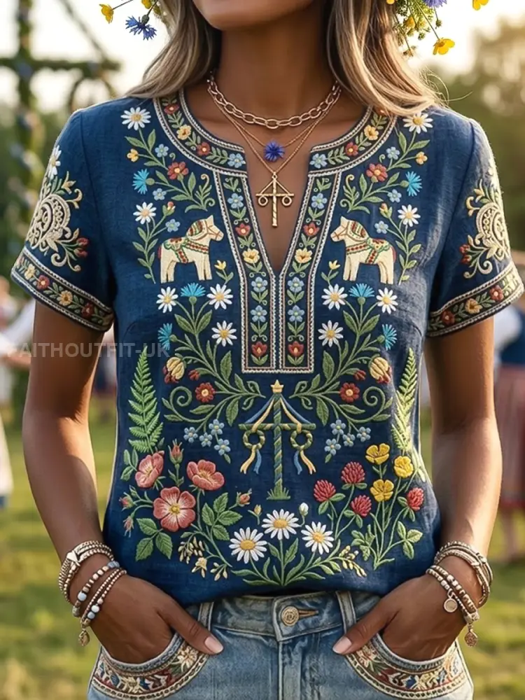 Women’s Retro Swedish Midsummer Floral Art Casual V-Neck T-Shirt