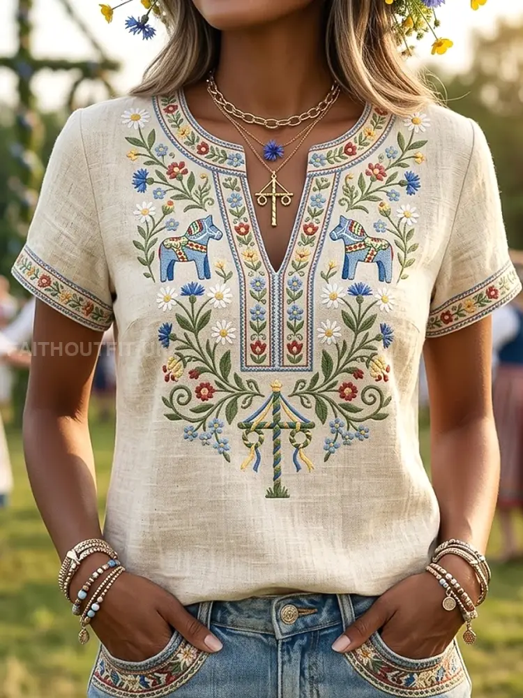 Women’s Retro Swedish Midsummer Floral Casual V-Neck T-Shirt