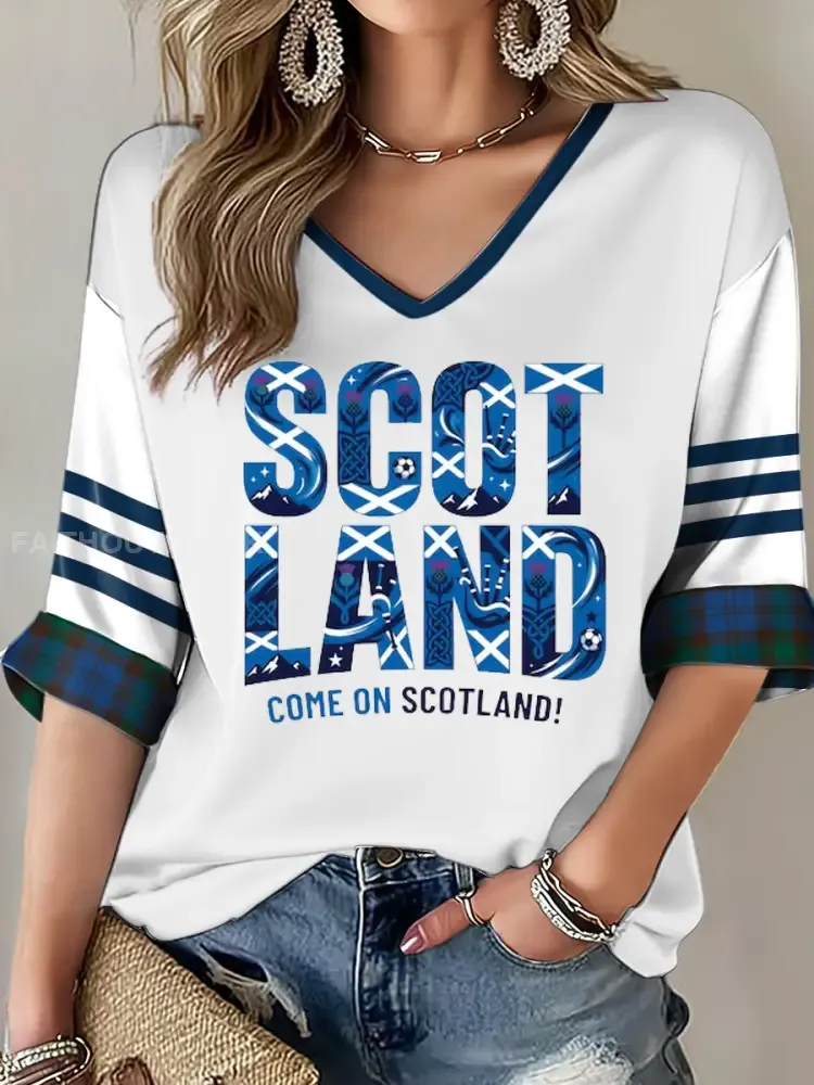 Women’s UK Football Lover Scotland Printed Mid-length Sleeves V-Neck T-Shirt