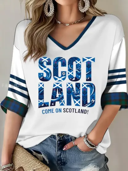 Women’s UK Football Lover Scotland Printed Mid-length Sleeves V-Neck T-Shirt