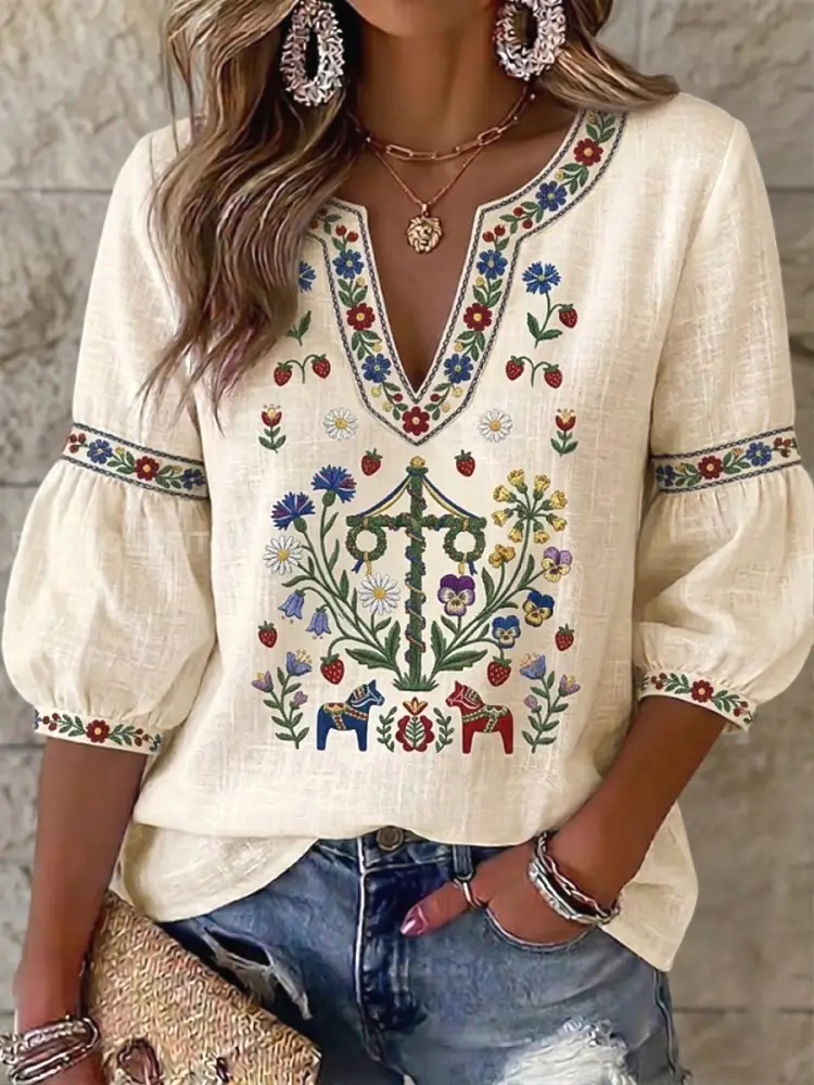 Women’s Swedish Midsummer Artistic Floral Print Casual V-Neck T-Shirt