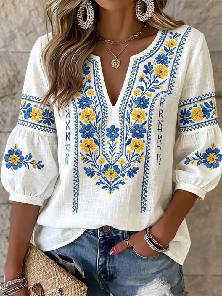Women’s Retro Artistic Swedish Midsummer Floral V-Neck Top