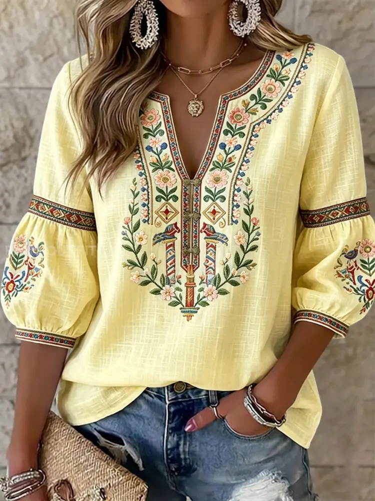 Women’s Retro Swedish Midsummer Floral Symmetrical Art V-Neck Blouse
