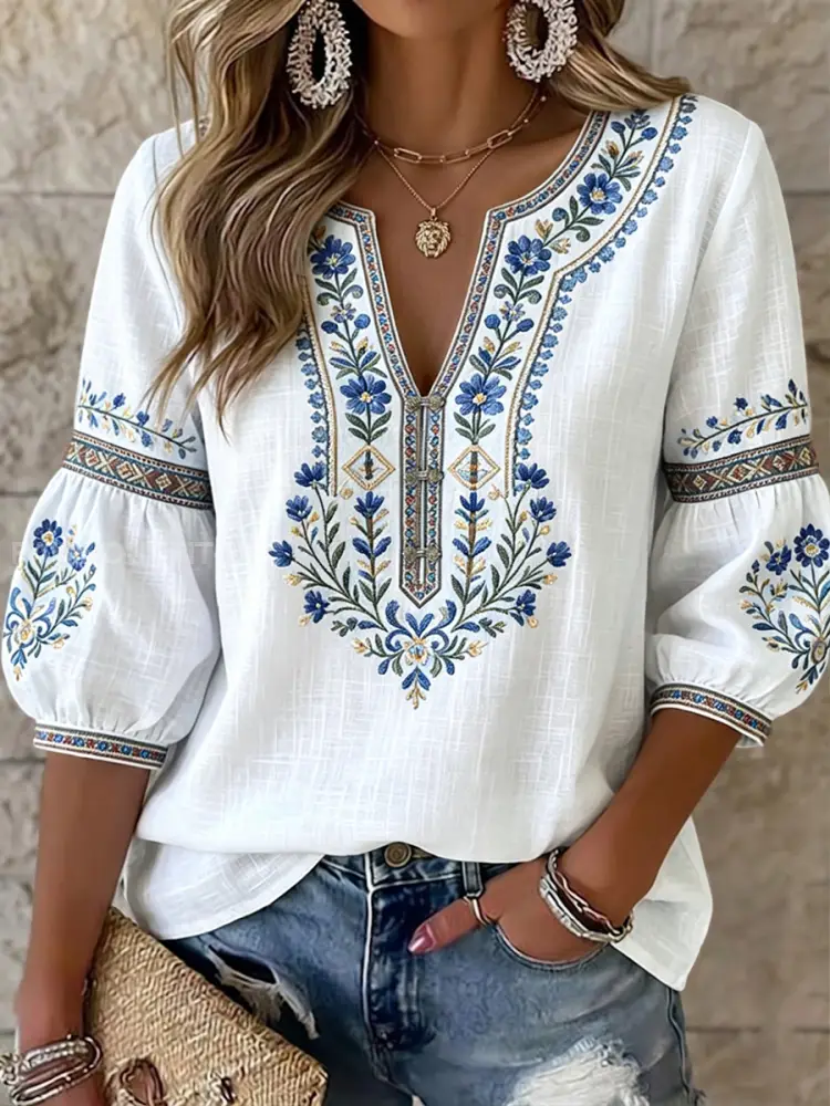 Women’s Vintage Swedish Midsummer Floral Art V-Neck Top