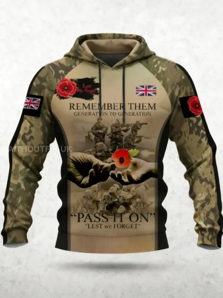 Men's 11th November Remembrance Day LEST WE'S FORGET Poppy Remembrance Hoodie 