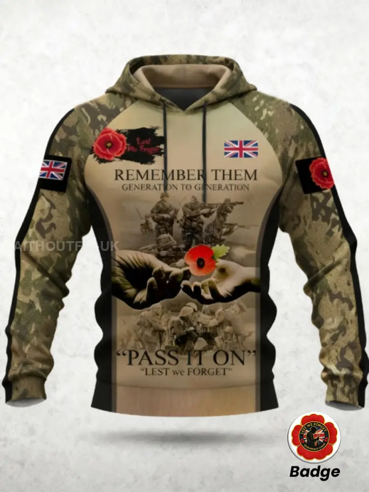 Men's 11th November Remembrance Day LEST WE'S FORGET Poppy Remembrance Hoodie 