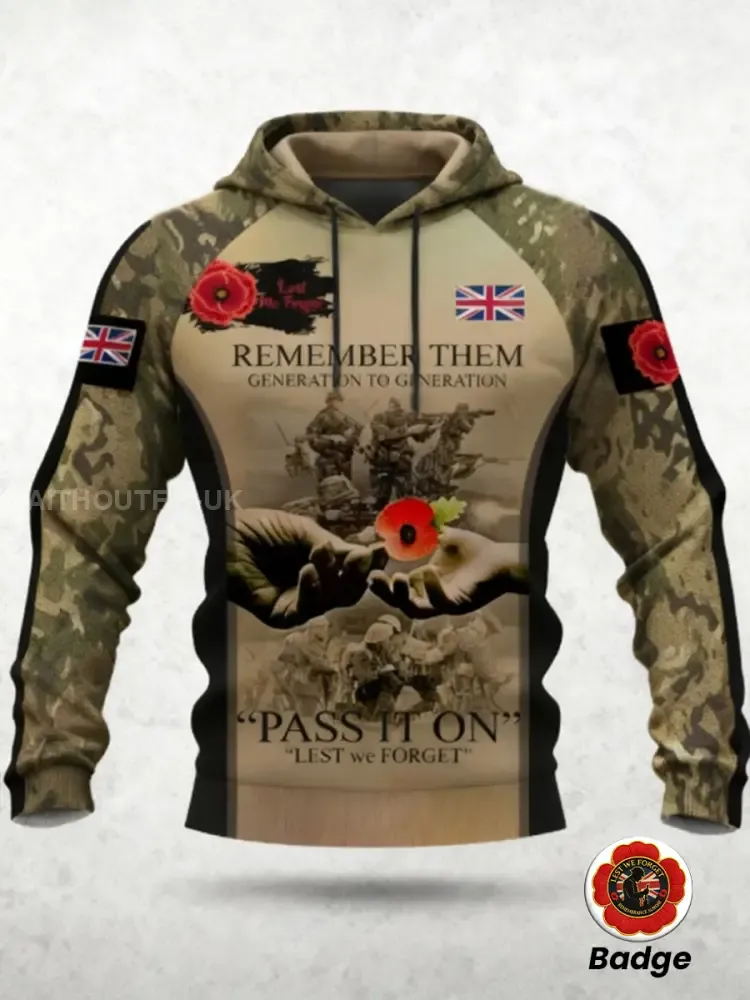 Men's 11th November Remembrance Day LEST WE'S FORGET Poppy Remembrance Hoodie 