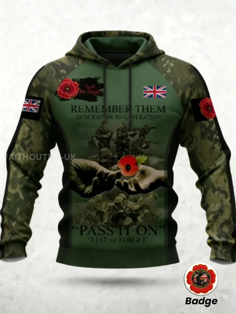 Men's 11th November Remembrance Day LEST WE'S FORGET Poppy Remembrance Hoodie 