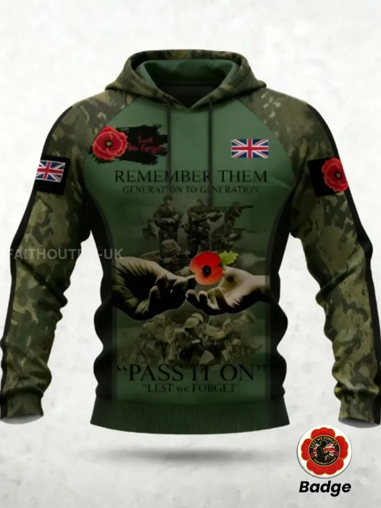 Men's 11th November Remembrance Day LEST WE'S FORGET Poppy Remembrance Hoodie 