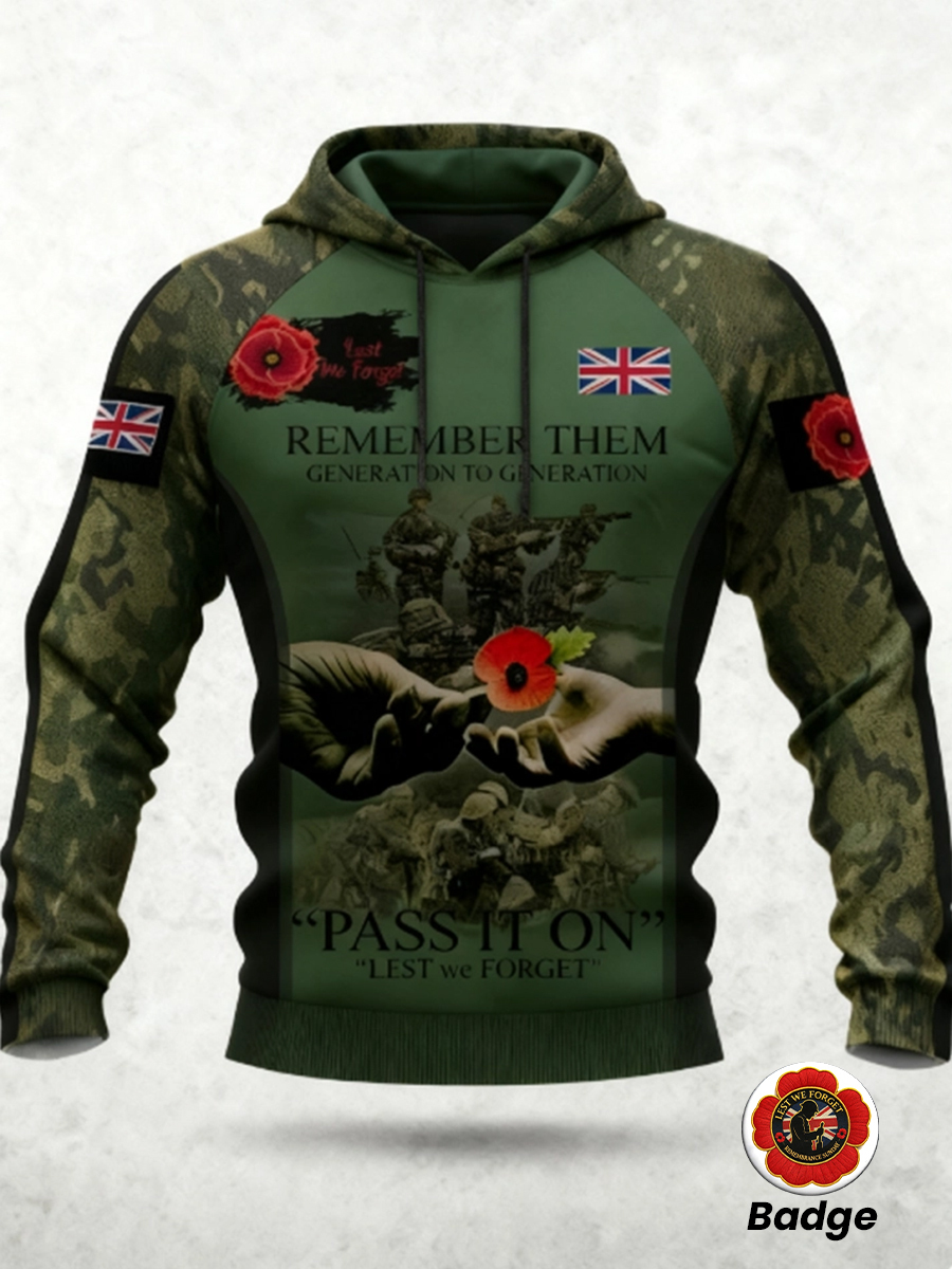 Men's 11th November Remembrance Day LEST WE'S FORGET Poppy Remembrance Hoodie 