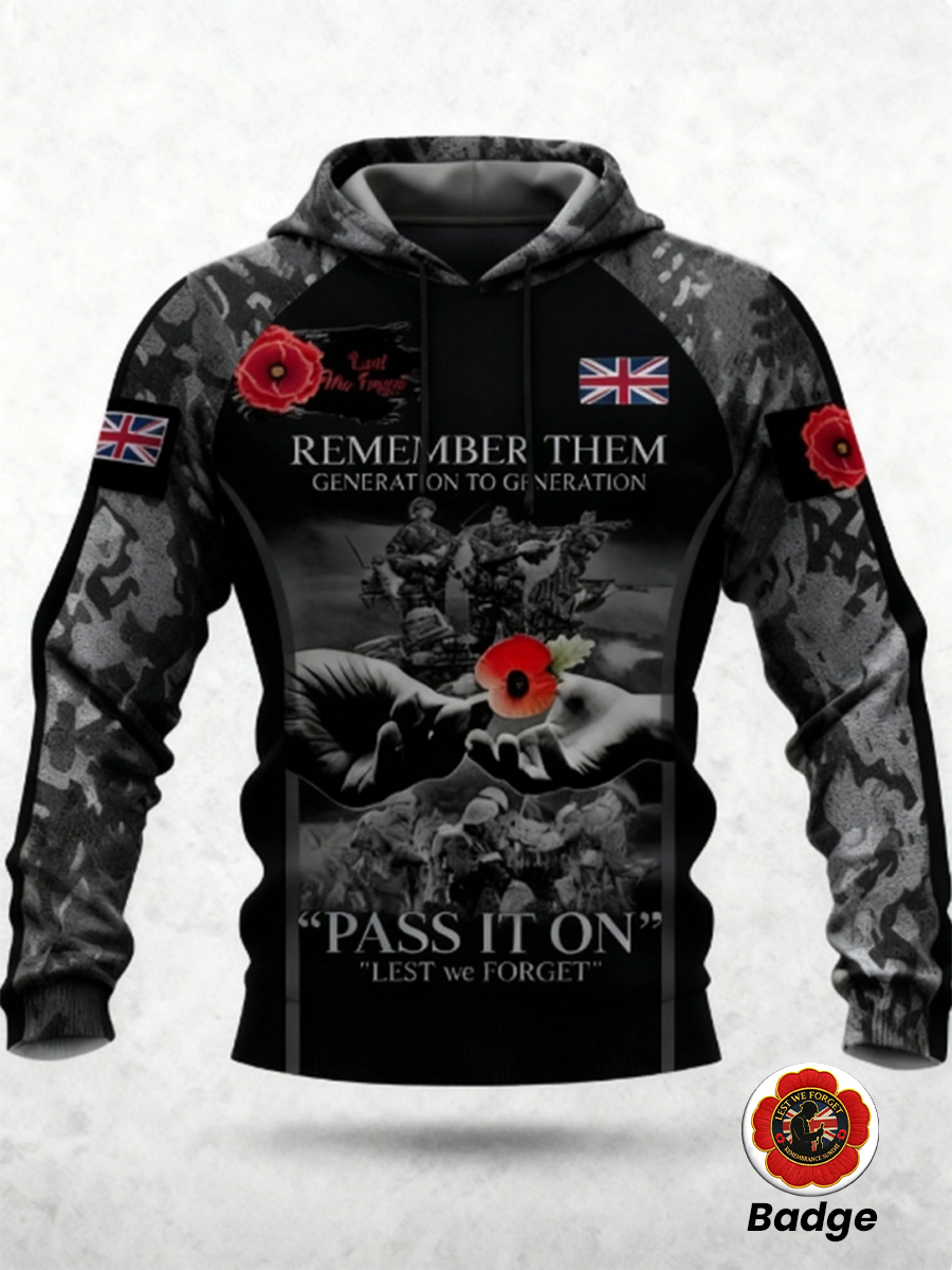 Men's 11th November Remembrance Day LEST WE'S FORGET Poppy Remembrance Hoodie 