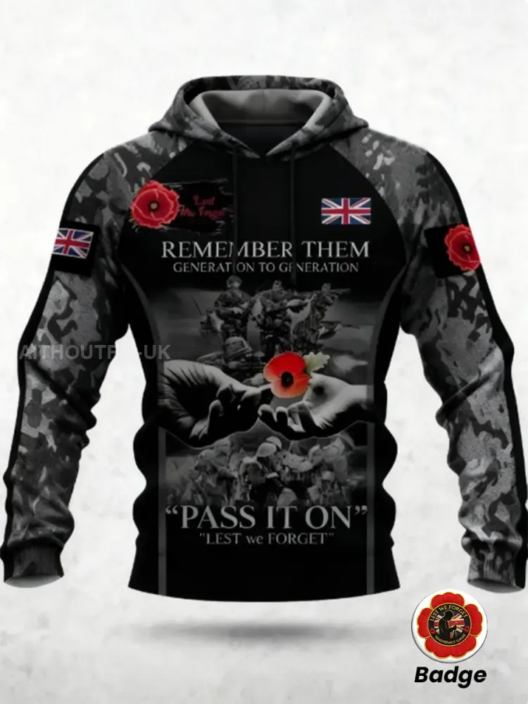 Men's 11th November Remembrance Day LEST WE'S FORGET Poppy Remembrance Hoodie 