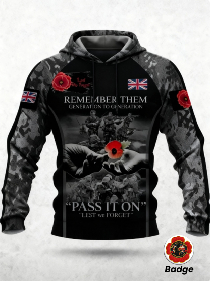 Men's 11th November Remembrance Day LEST WE'S FORGET Poppy Remembrance Hoodie 