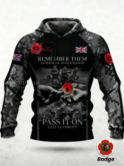 Men's 11th November Remembrance Day LEST WE'S FORGET Poppy Remembrance Hoodie 