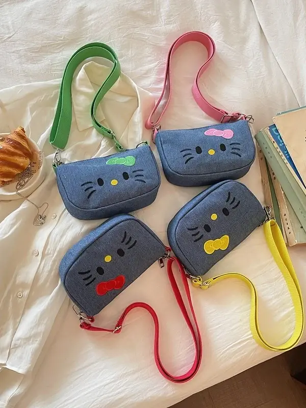 Hello Kitty Denim Mini Fanny Pack Women 2026 Kawaii Cartoon Crossbody Waist Bag Adjustable Strap Small Sling Purse 4 Colors