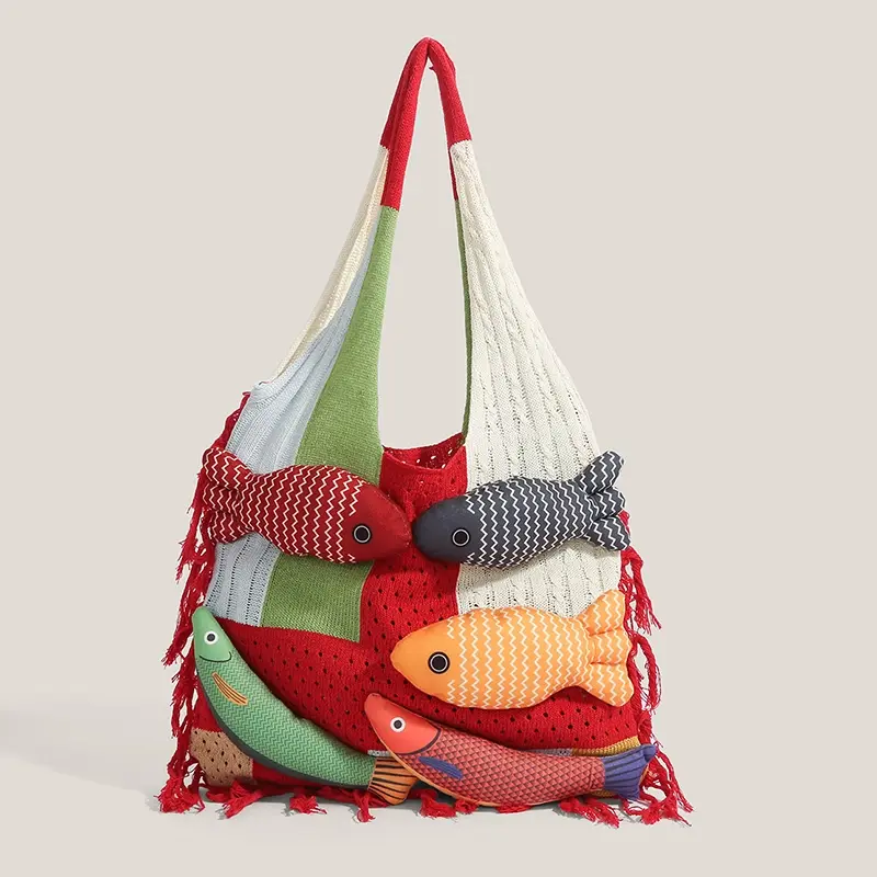 Handcrafted tassel patchwork casual shoulder tote bag